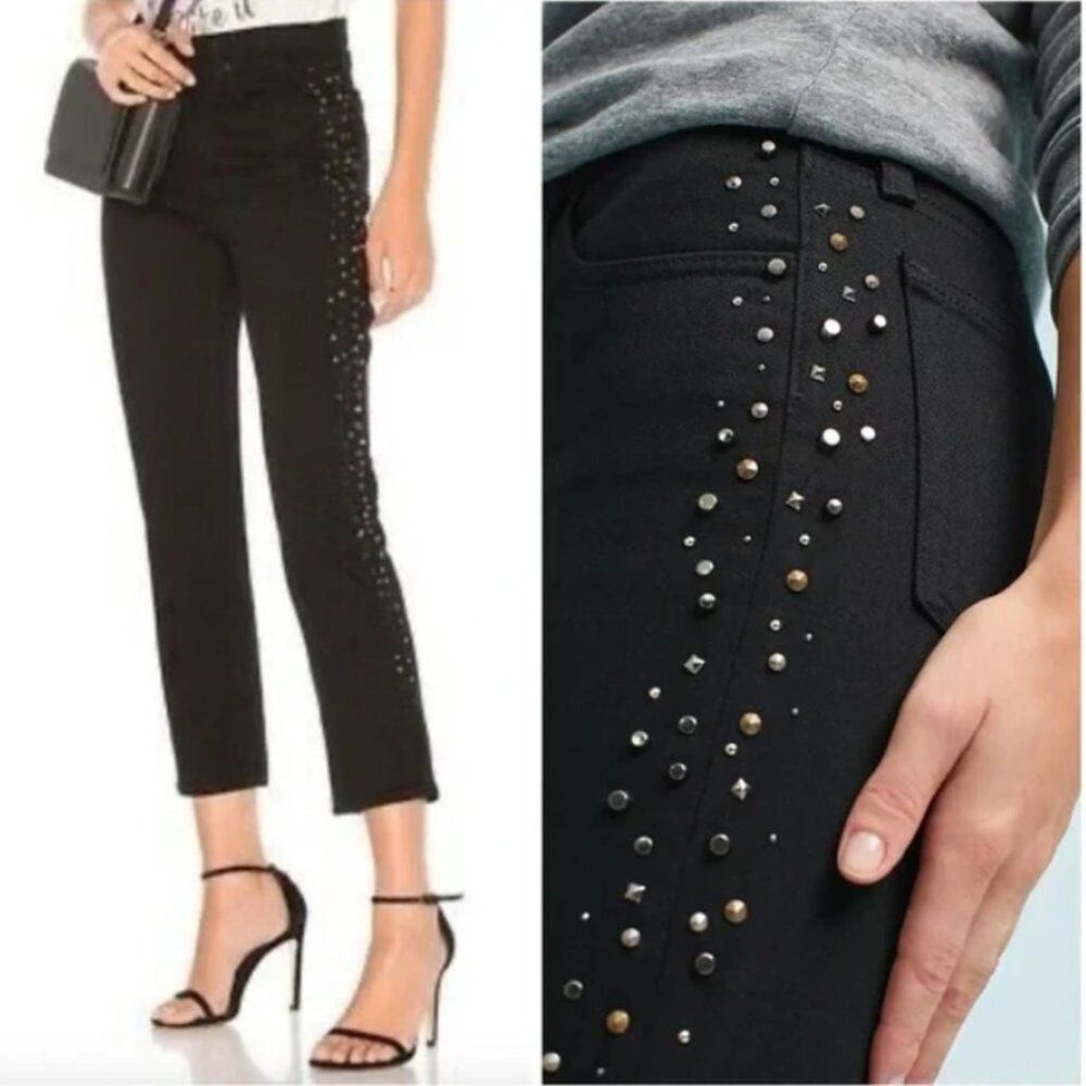 AG Women's Jeans The Isabelle Studded High-Rise Straight-Leg Cropped Black sz 24